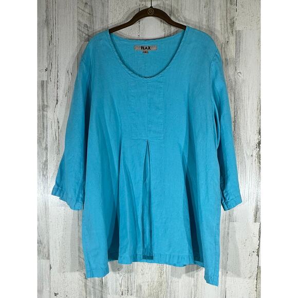 Flax Top Size Medium Turquoise Blue Pleated Front Scoop Neck 3/4 Sleeve Linen - Picture 1 of 7